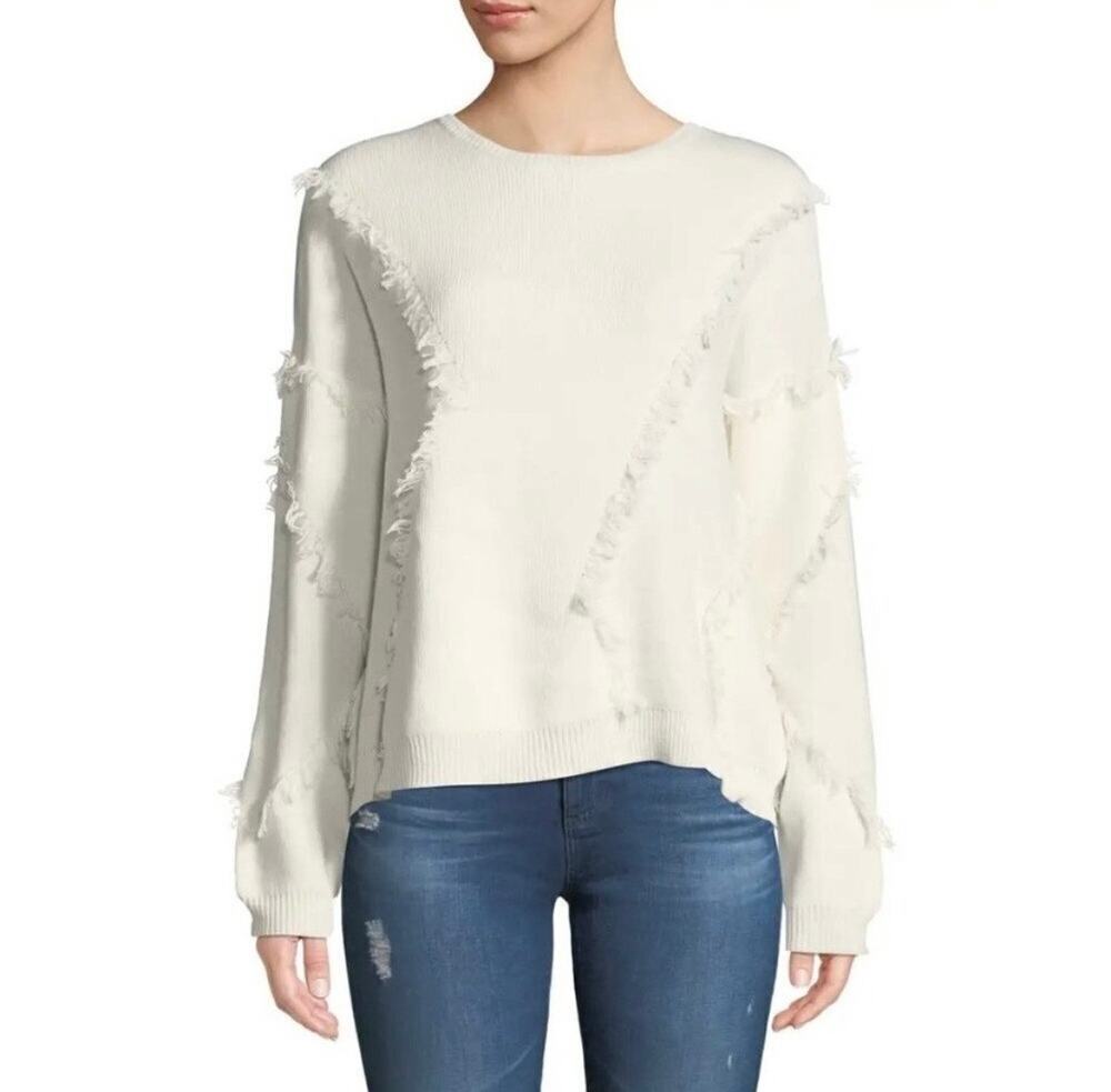 ATM Ivory Fringe Wool-Blend Boxy Relaxed Knit Crewneck Boho Sweater - Medium